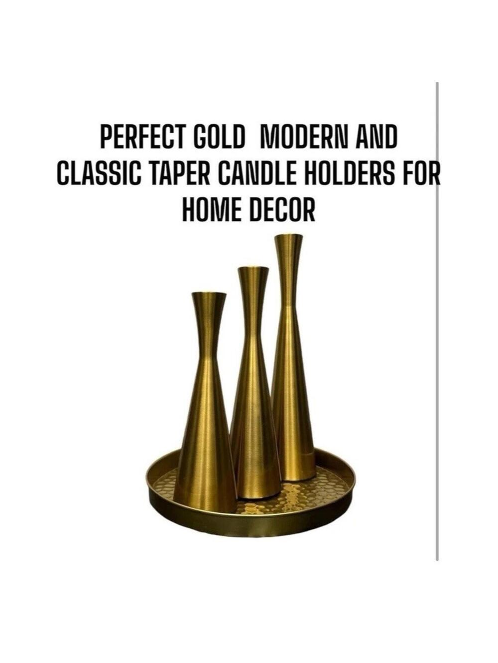 Set of 3 Gold Metal Candlestick Holders with Tray, Decorative Candle Display